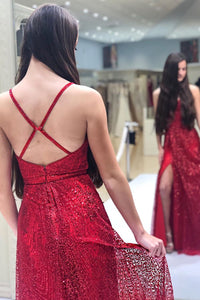 Sparkly V Neck A-Line Red Long Prom Dress with Slit