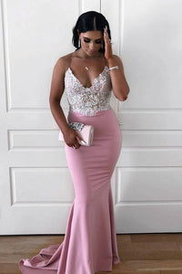 Elegant Straps Mermaid Pink Long Prom Dress with Appliques