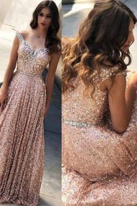 Sparkly Off Shoulder A-Line Rose Gold Sequin Long Prom Dress