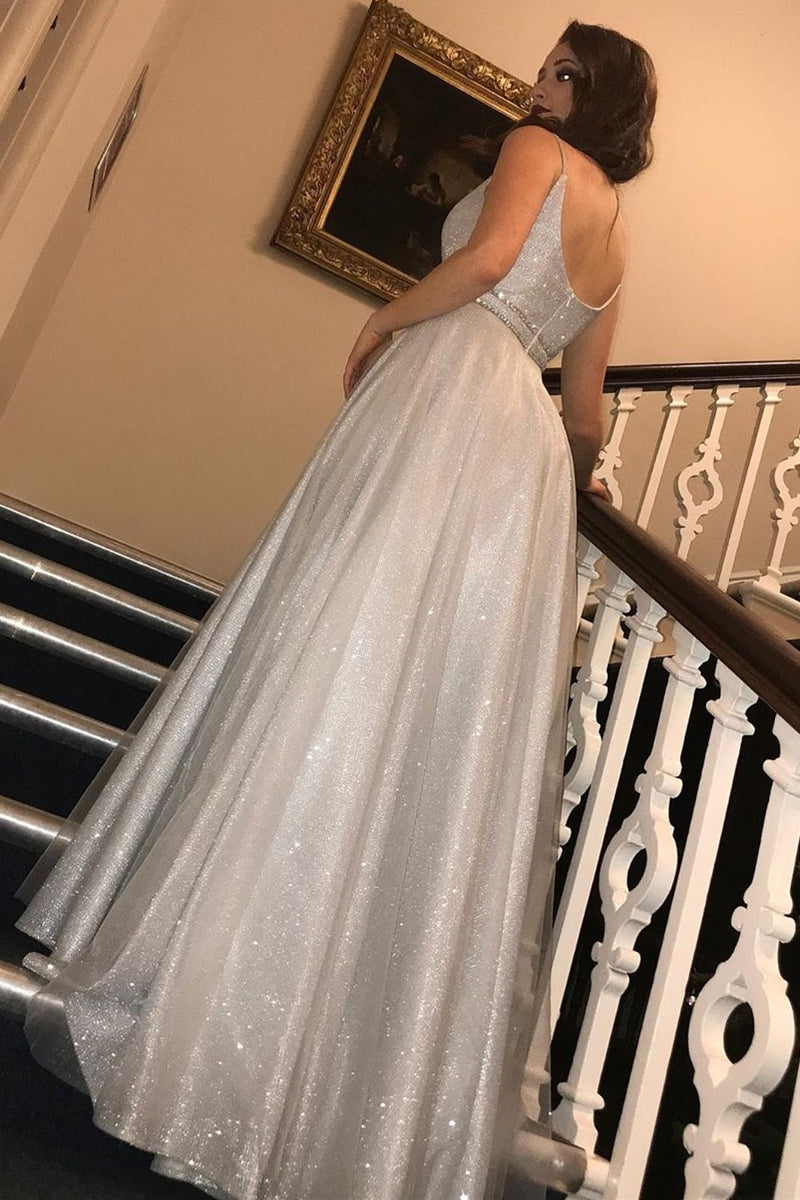 Glitter Silver Long Prom Dress with V Neckline