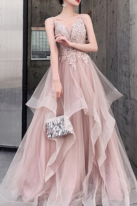 Elegant Straps A-Line Appliques Dusty Rose Long Prom Dress