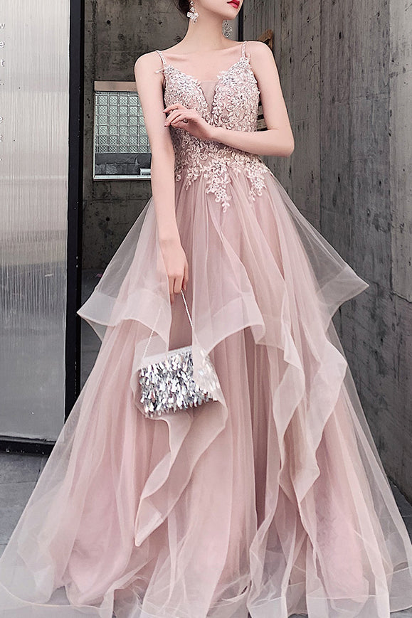 Elegant Straps A-Line Appliques Dusty Rose Long Prom Dress