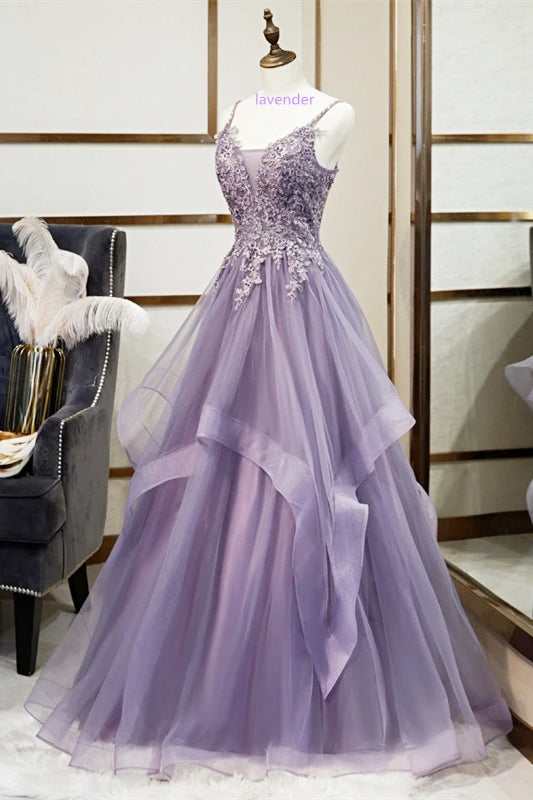 Elegant Spaghetti Straps A-Line Appliques Dusty Blue Long Prom Dress