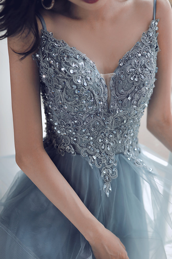 Elegant Spaghetti Straps A-Line Appliques Dusty Blue Long Prom Dress
