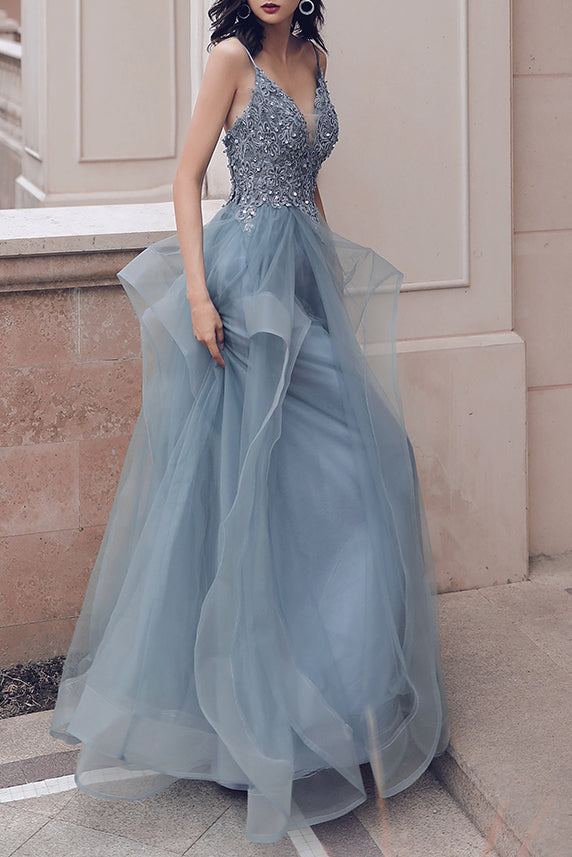 Elegant Spaghetti Straps A-Line Appliques Dusty Blue Long Prom Dress