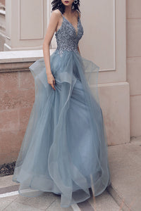 Elegant Spaghetti Straps A-Line Appliques Dusty Blue Long Prom Dress