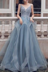 Elegant Spaghetti Straps A-Line Appliques Dusty Blue Long Prom Dress