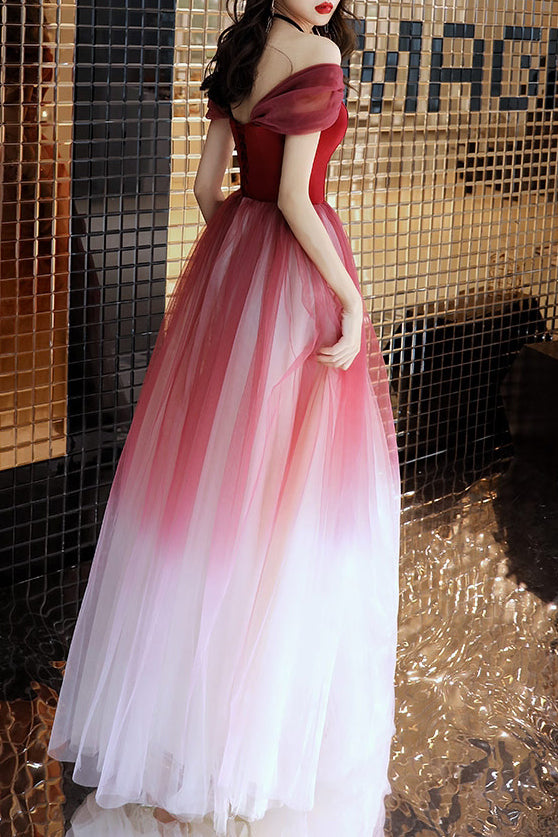 Elegant Off the Shoulder A-Line Red and White Long Prom Dress