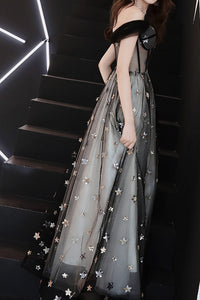 Gorgeous Off Shoulder A-Line Black Long Prom Dress with Stars