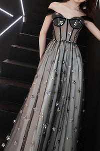 Gorgeous Off Shoulder A-Line Black Long Prom Dress with Stars