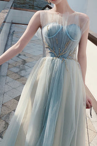 Elegant A-Line Light Blue Long Prom Dress with Appliques