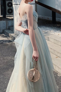 Elegant A-Line Light Blue Long Prom Dress with Appliques