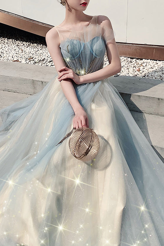 Elegant A-Line Light Blue Long Prom Dress with Appliques