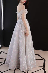 Elegant Off Shoulder A-Line White Long Prom Dress with Stars