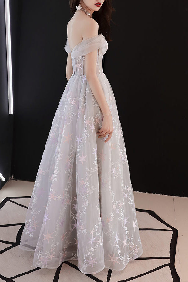 Elegant Off Shoulder A-Line White Long Prom Dress with Stars