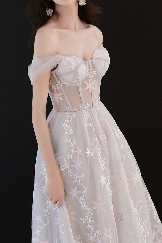 Elegant Off Shoulder A-Line White Long Prom Dress with Stars