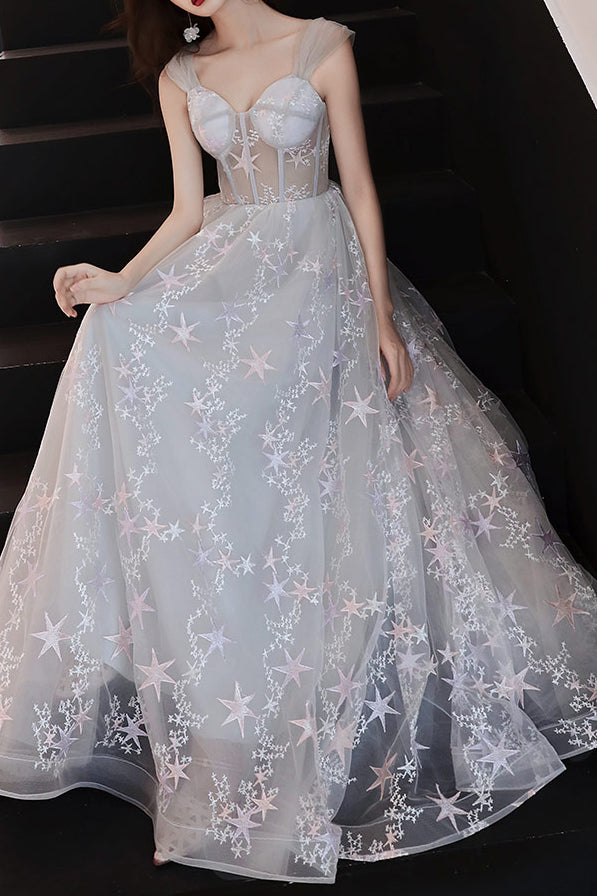Elegant Off Shoulder A-Line White Long Prom Dress with Stars