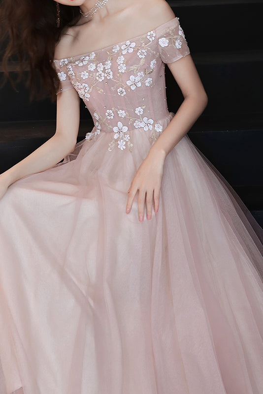 Elegant Off the Shoulder Appliques Blush Pink Long Prom Dress