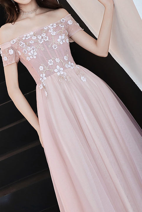 Elegant Off the Shoulder Appliques Blush Pink Long Prom Dress