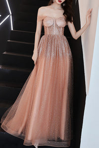 Sparkly Straps A-Line Sequins Peach Long Prom Dress