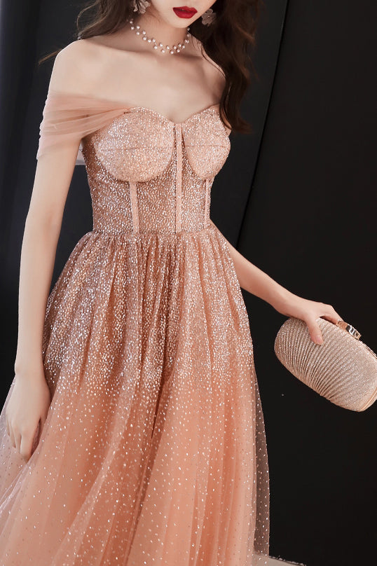 Sparkly Straps A-Line Sequins Peach Long Prom Dress