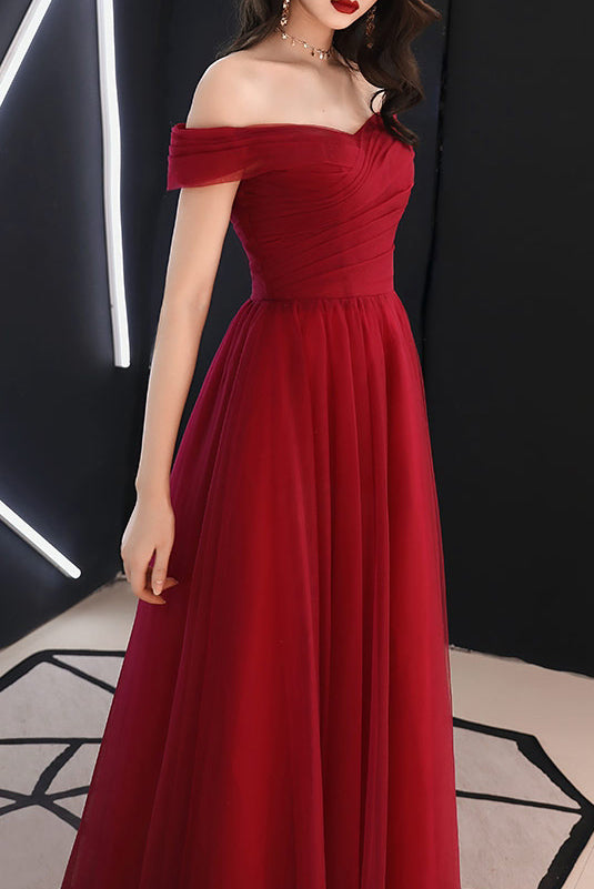 Elegant Off Shoulder A-Line Pleated Burgundy Long Prom Dress