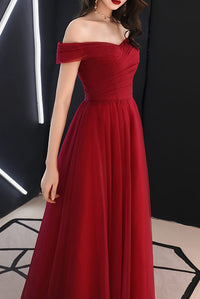 Elegant Off Shoulder A-Line Pleated Burgundy Long Prom Dress
