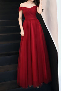 Elegant Off Shoulder A-Line Pleated Burgundy Long Prom Dress