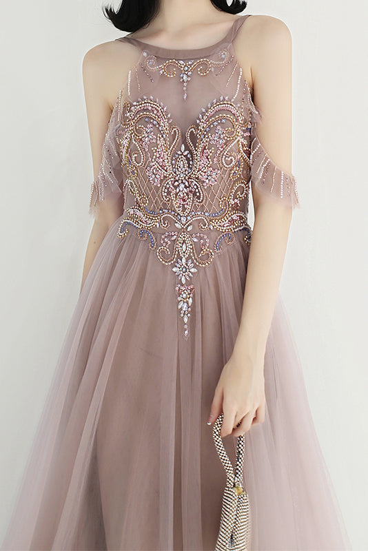 Elegant Beaded A-Line Dusty Rose Long Prom Dress
