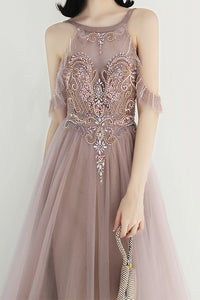 Elegant Beaded A-Line Dusty Rose Long Prom Dress