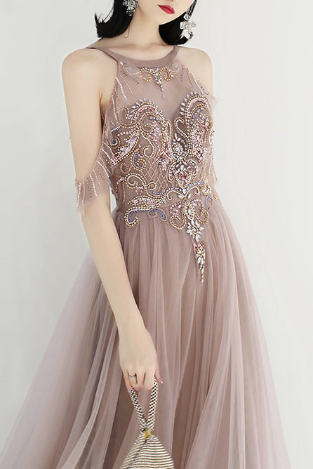 Elegant Beaded A-Line Dusty Rose Long Prom Dress