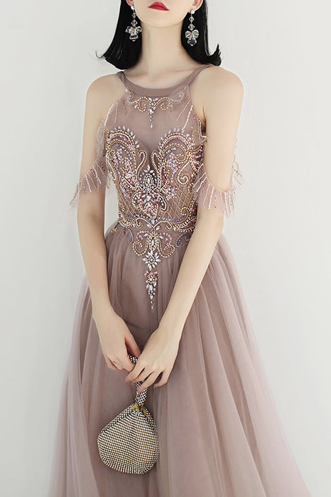 Elegant Beaded A-Line Dusty Rose Long Prom Dress