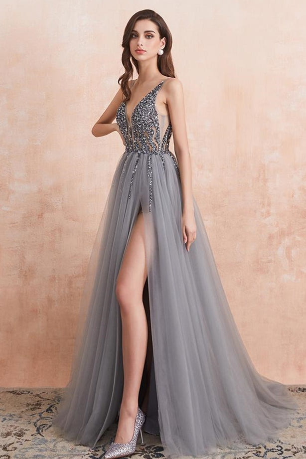 Sexy Beaded V Neck Grey Long Formal Dress