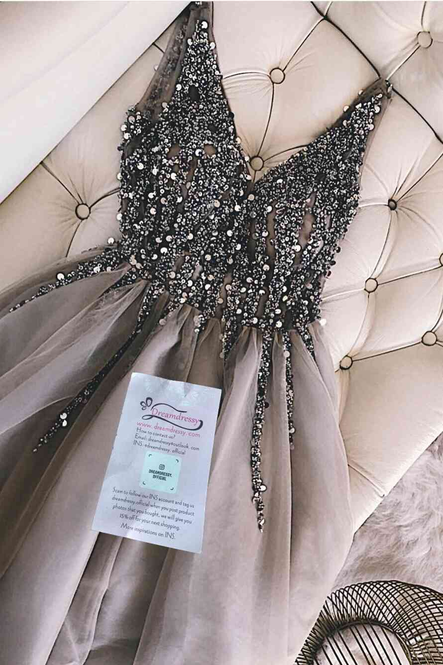 Unique V Neck Short Grey Dance Dress