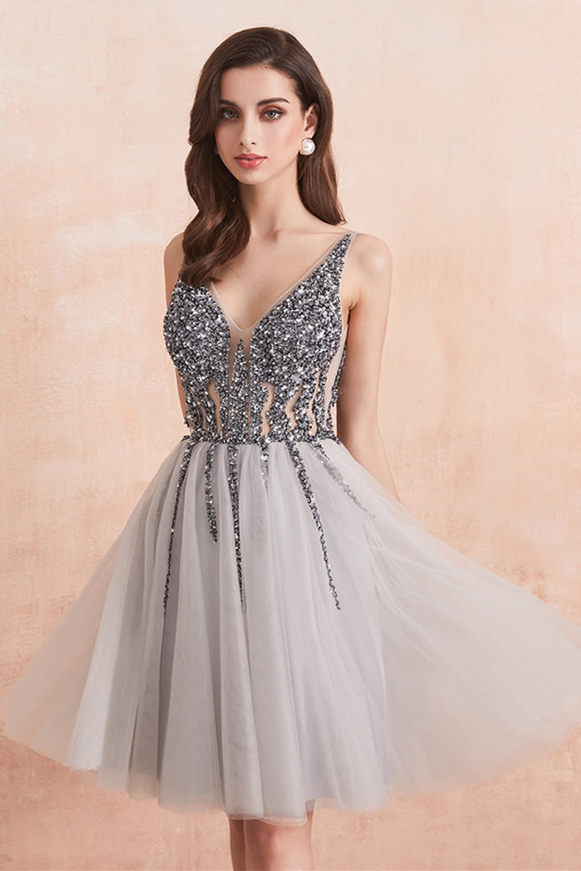 Unique V Neck Short Grey Dance Dress