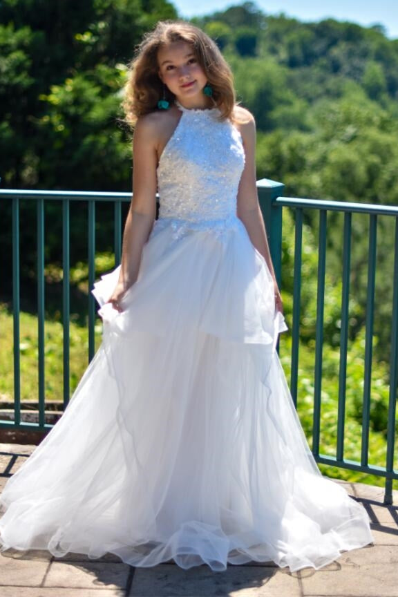 Elegant A-Line Halter Appliques Light Blue Prom Dress