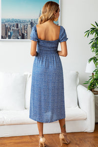 Square Neck Blue Midi Dress with Puff Sleeves