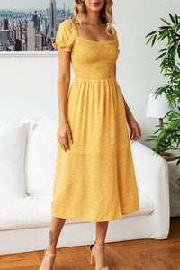 Square Neck Blue Midi Dress with Puff Sleeves