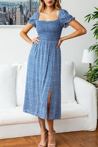 Square Neck Blue Midi Dress with Puff Sleeves