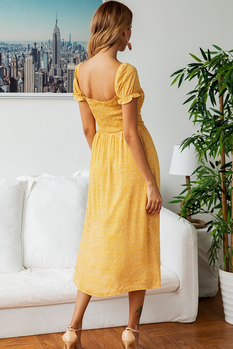 Square Neck Blue Midi Dress with Puff Sleeves