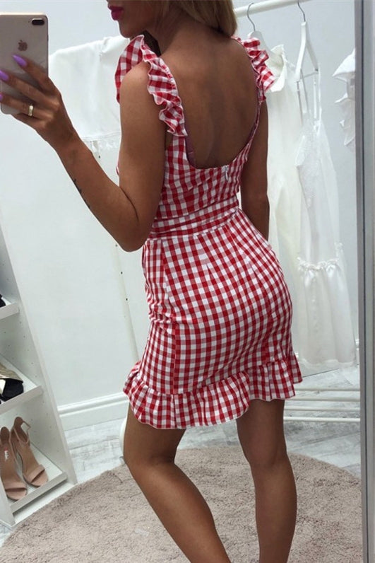 Red Checked Fitted Short Dress