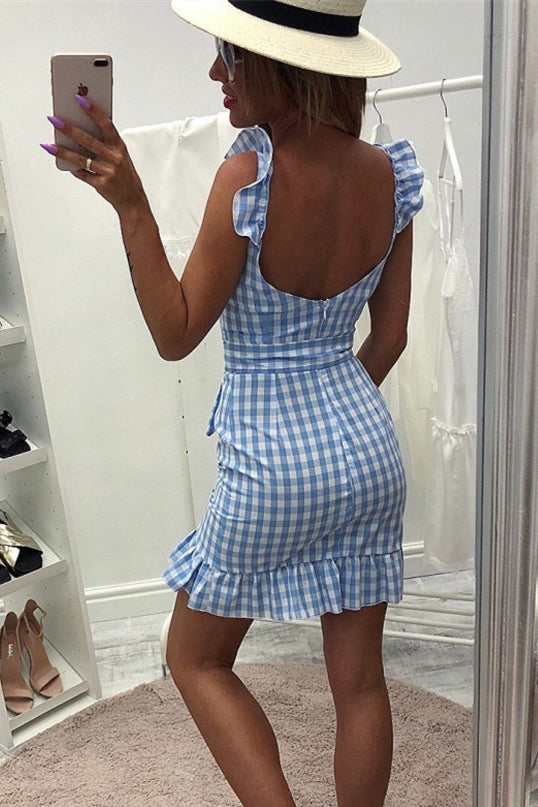 Red Checked Fitted Short Dress