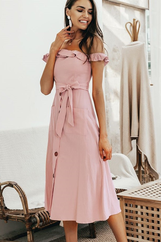 Off the Shoulder Pink Midi Dress with Sash