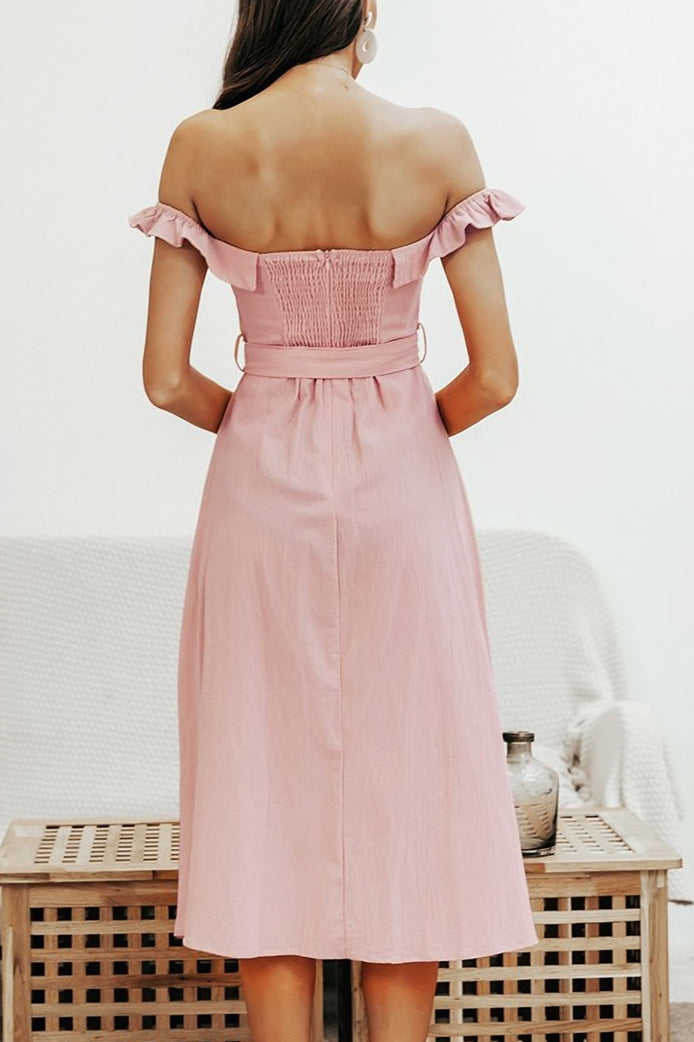 Off the Shoulder Pink Midi Dress with Sash