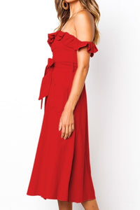 Off the Shoulder Pink Midi Dress with Sash