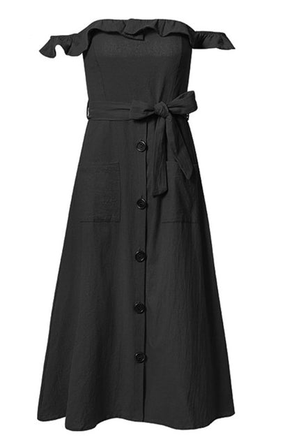 Off the Shoulder Pink Midi Dress with Sash