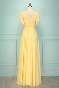 Elegant V Neck Pleated Yellow Bridesmaid Dress with Ruffles