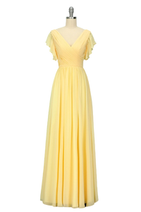 Elegant V Neck Pleated Yellow Bridesmaid Dress with Ruffles