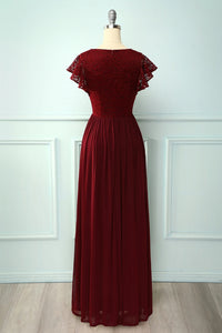 V Neck Burgundy Bridesmaid Dress with Flutter Sleeve