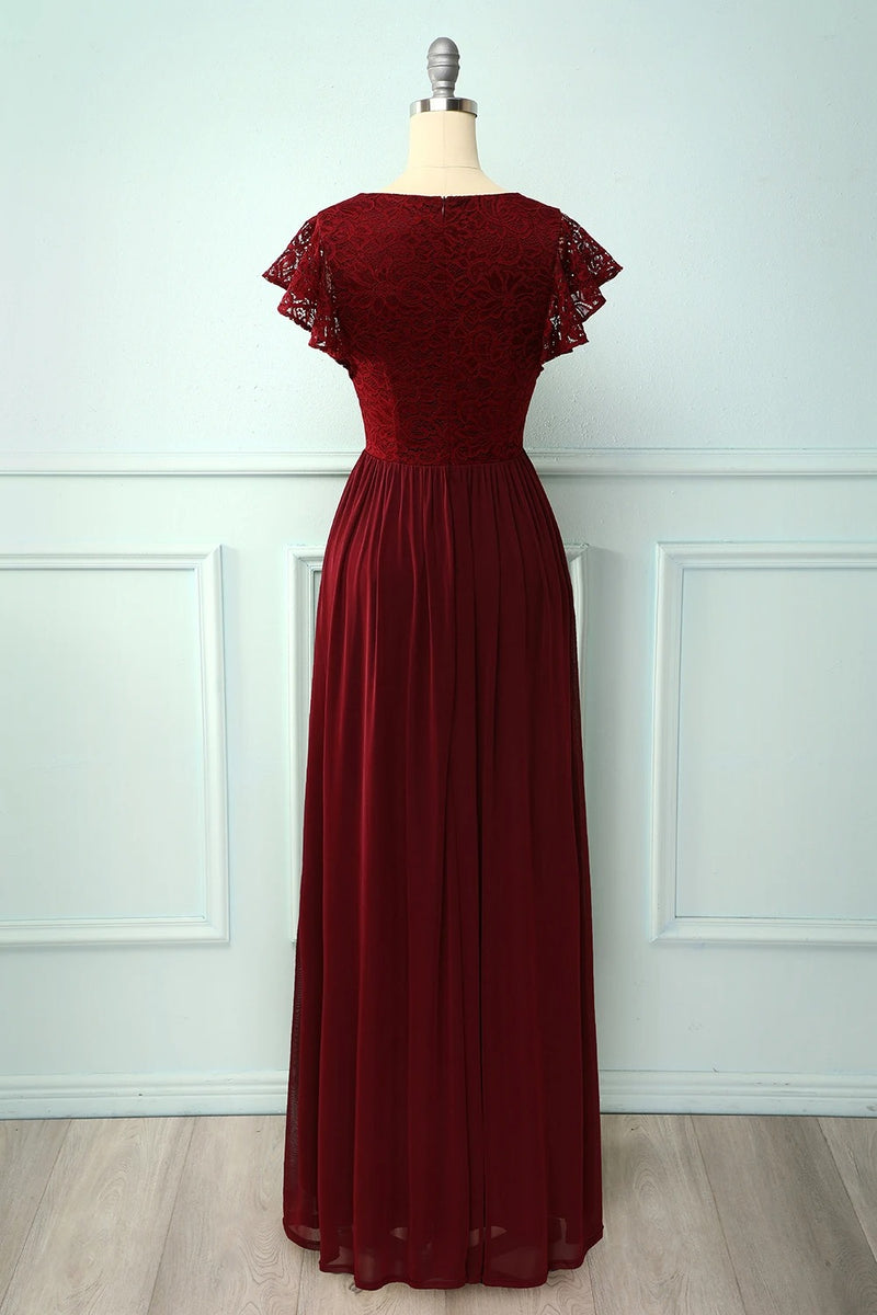 V Neck Burgundy Bridesmaid Dress with Flutter Sleeve